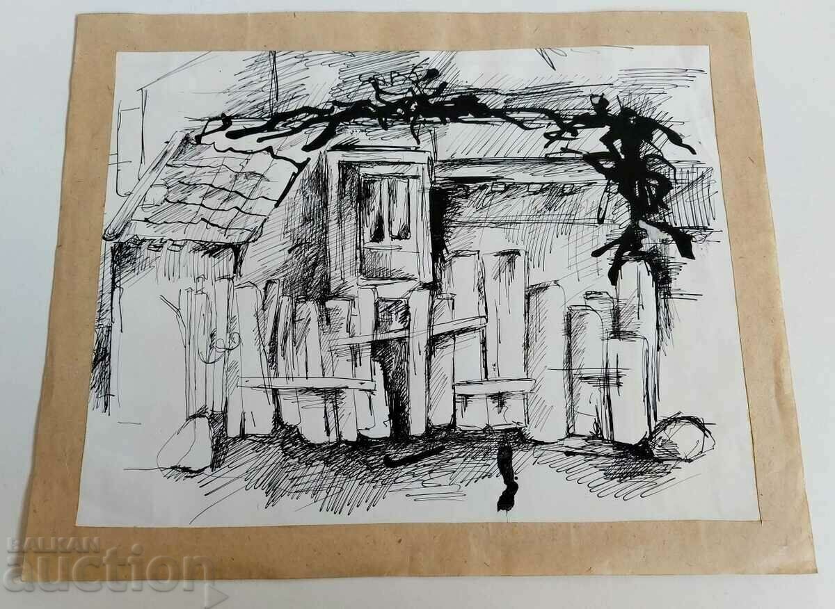 . СТАРА РИСУНКА КАРТИНА ПЕЙЗАЖ СТАРА КЪЩА