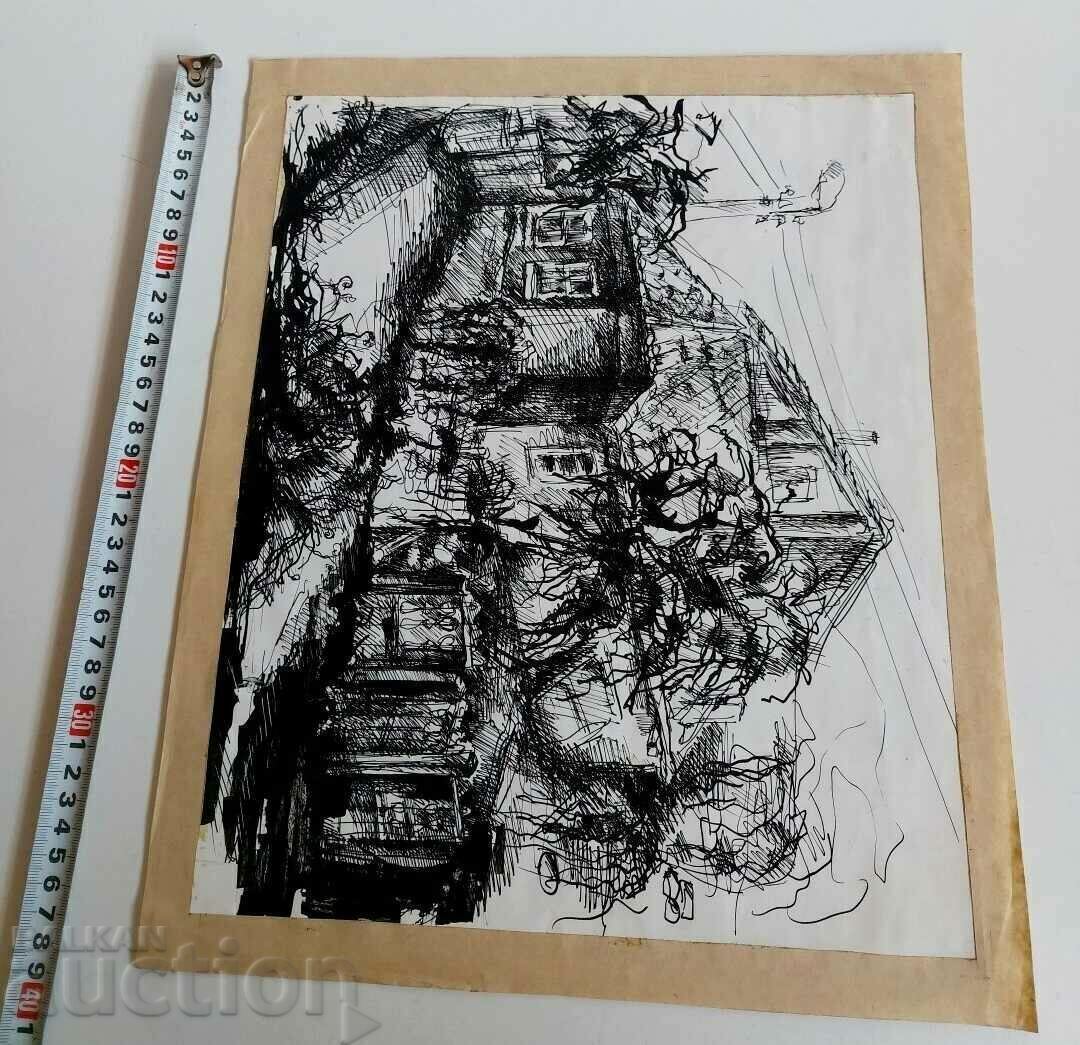 Аукцион . СТАРА РИСУНКА КАРТИНА ПЕЙЗАЖ СТАРА КЪЩА