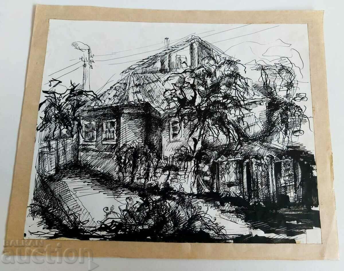 . СТАРА РИСУНКА КАРТИНА ПЕЙЗАЖ СТАРА КЪЩА