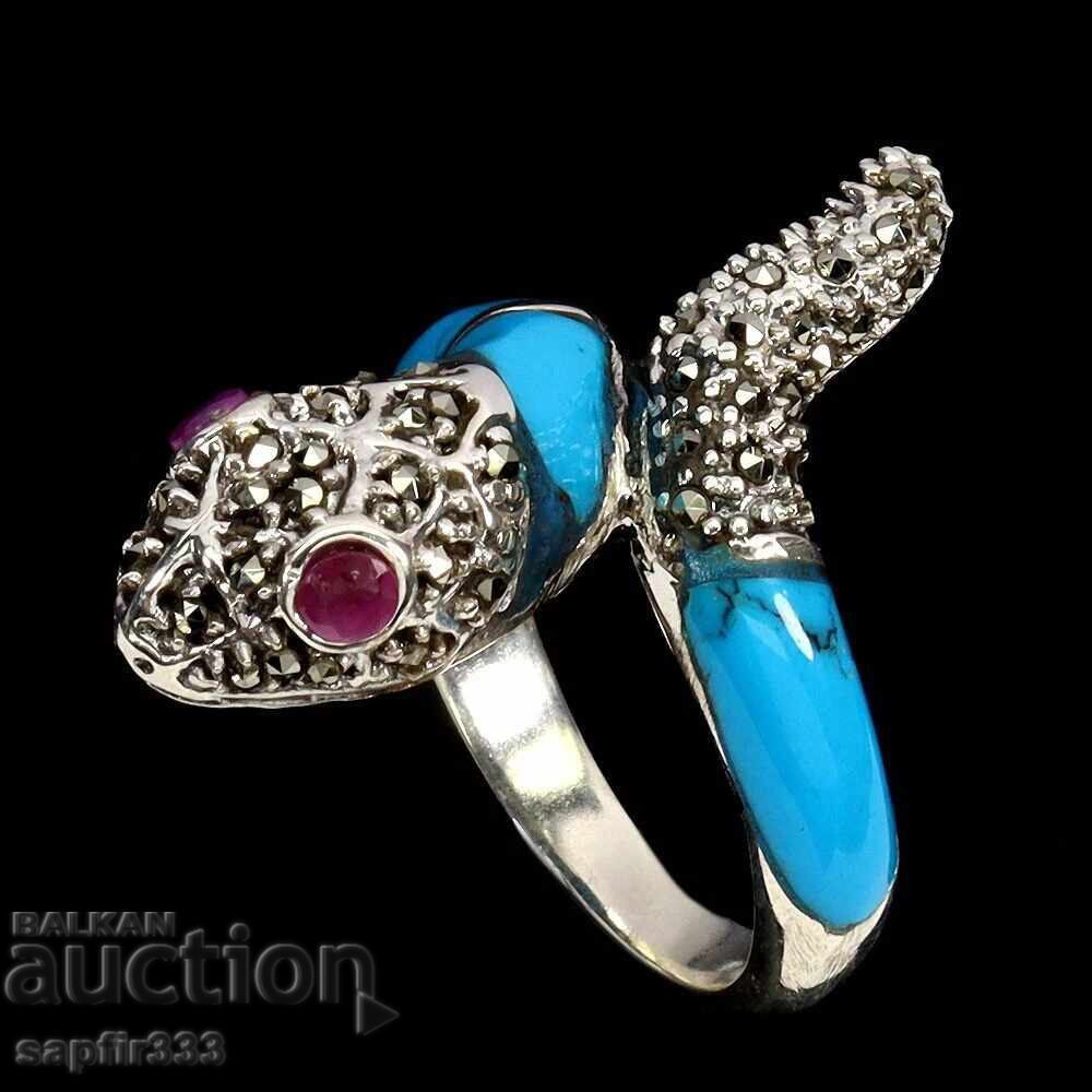 LUXURIOUS ELEGANT COBRA RING NATURAL TURQUOISE AND RUBIES with price 242.00 BGN | € 123.73