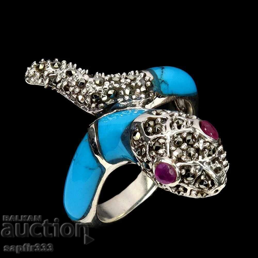 LUXURIOUS ELEGANT COBRA RING NATURAL TURQUOISE AND RUBIES