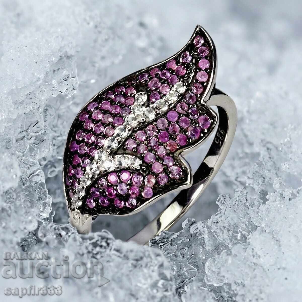 INEL DE DESIGN "FRUNZĂ" CU RUBINE NATURALE ȘI TOPAZE