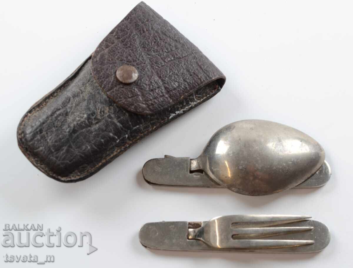 Старинен туристически комплект нож и вилица с калъф