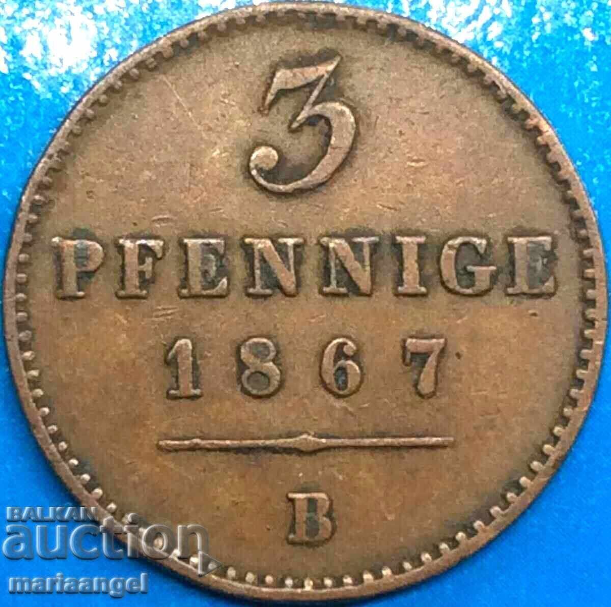 Παράδοση 3 pfennig 1867 Waldeck-Pyrmont Γερμανία χαλκός - σπάνιος