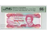 Bahamas 3 Dolari 1974 Pick 44a PMG Gem UNC 66 EPQ