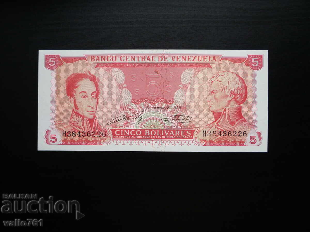 VENEZUELA 5 BOLIVARI 1989 NOUĂ UNC