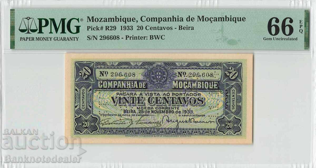 Mozambique 20 Centavos 1933 Pick R29 PMG Gem UNC 66 EPQ