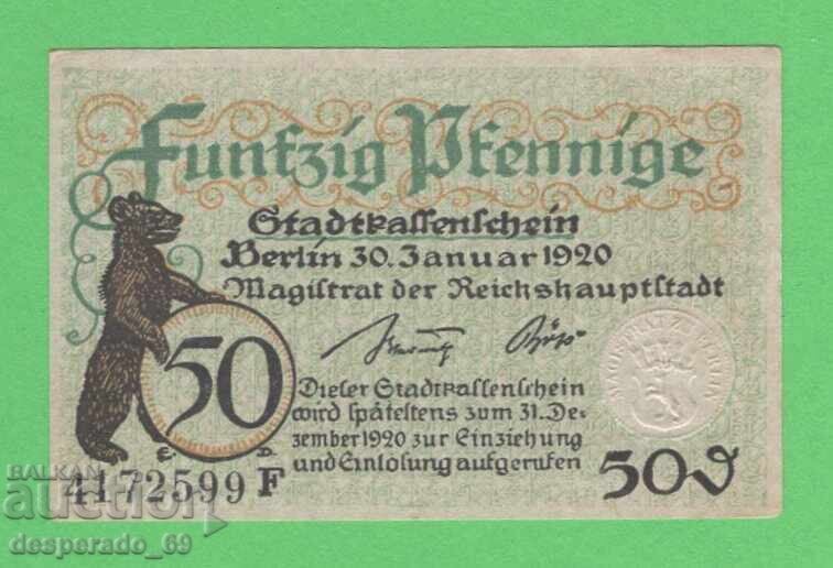 (¯`'•.¸NOTGELD (gr. Berlin) 1920 UNC- -50 pfennig¸.•'´¯)