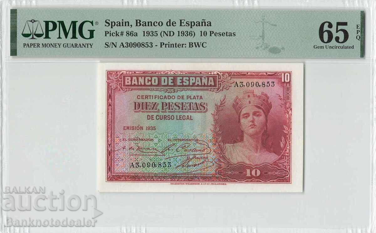Spain 10 Pesetas 1935 Pick 86a PMG Gem UNC 65 EPQ