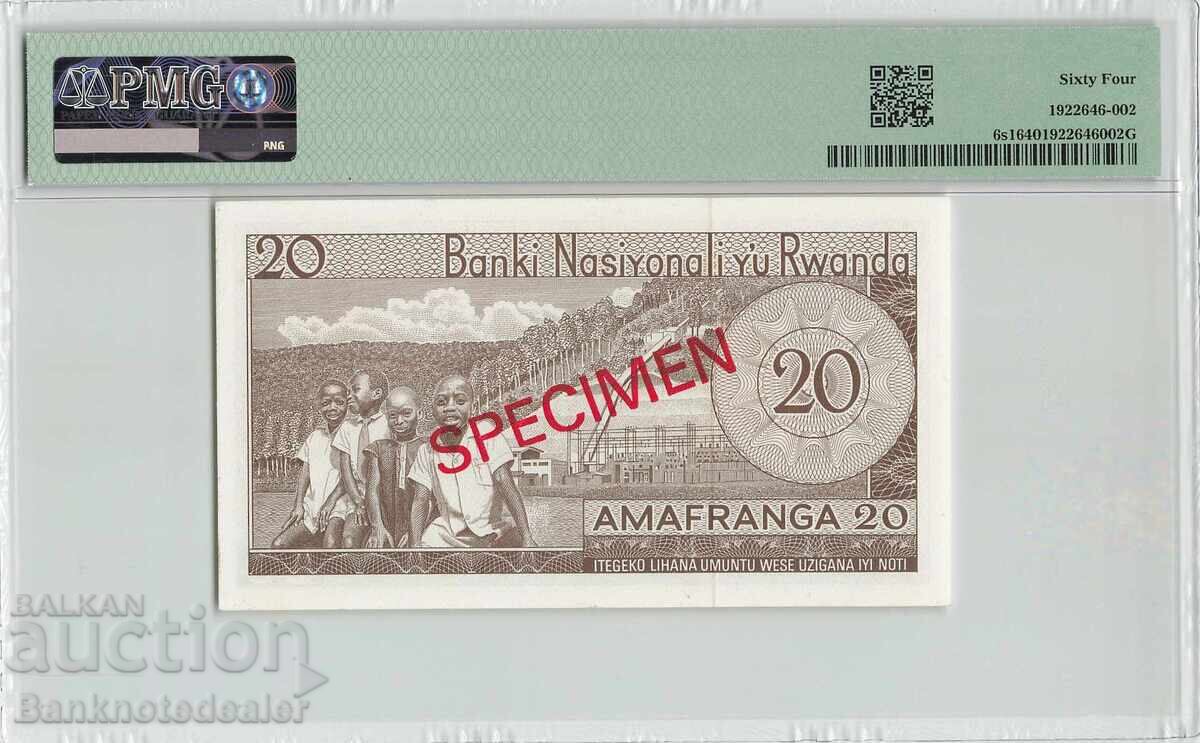 Ρουάντα 20 Φράγκα 1964-69 Δείγμα Pick 6s1 PMG Choice UNC 64 με τιμή 280.00 BGN | € 143.16