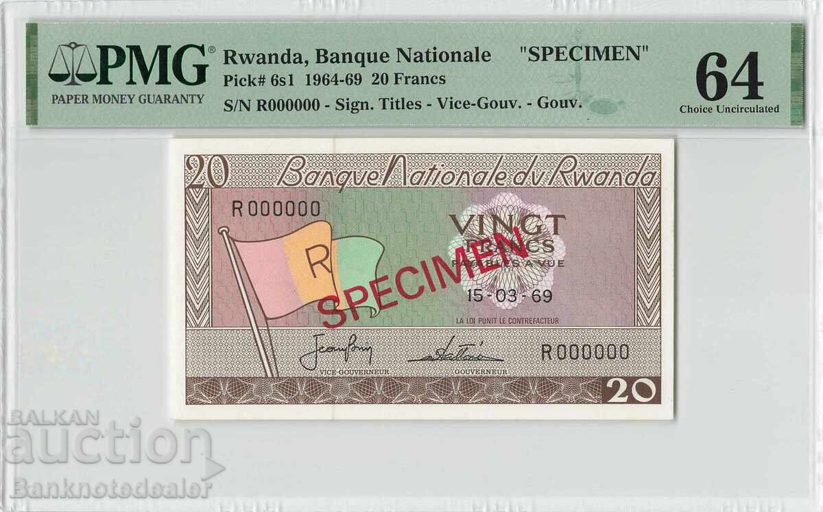 Ρουάντα 20 Φράγκα 1964-69 Δείγμα Pick 6s1 PMG Choice UNC 64