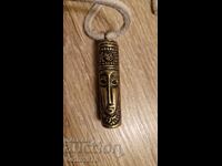 Old massive bronze amulet, two faces, 50g, natural leather