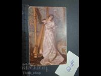 Carte poștală veche - Femeie cu harpă