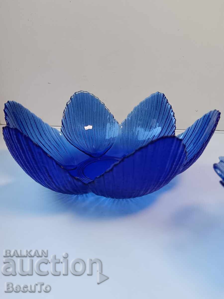 Delivery of Set of blue glass fruit bowl and 2 candlesticks