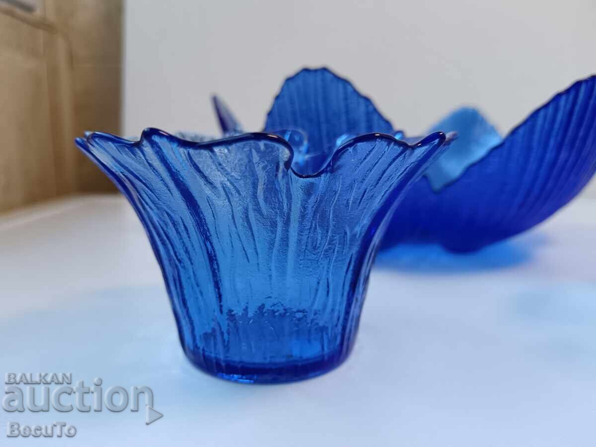 Set of blue glass fruit bowl and 2 candlesticks - 5