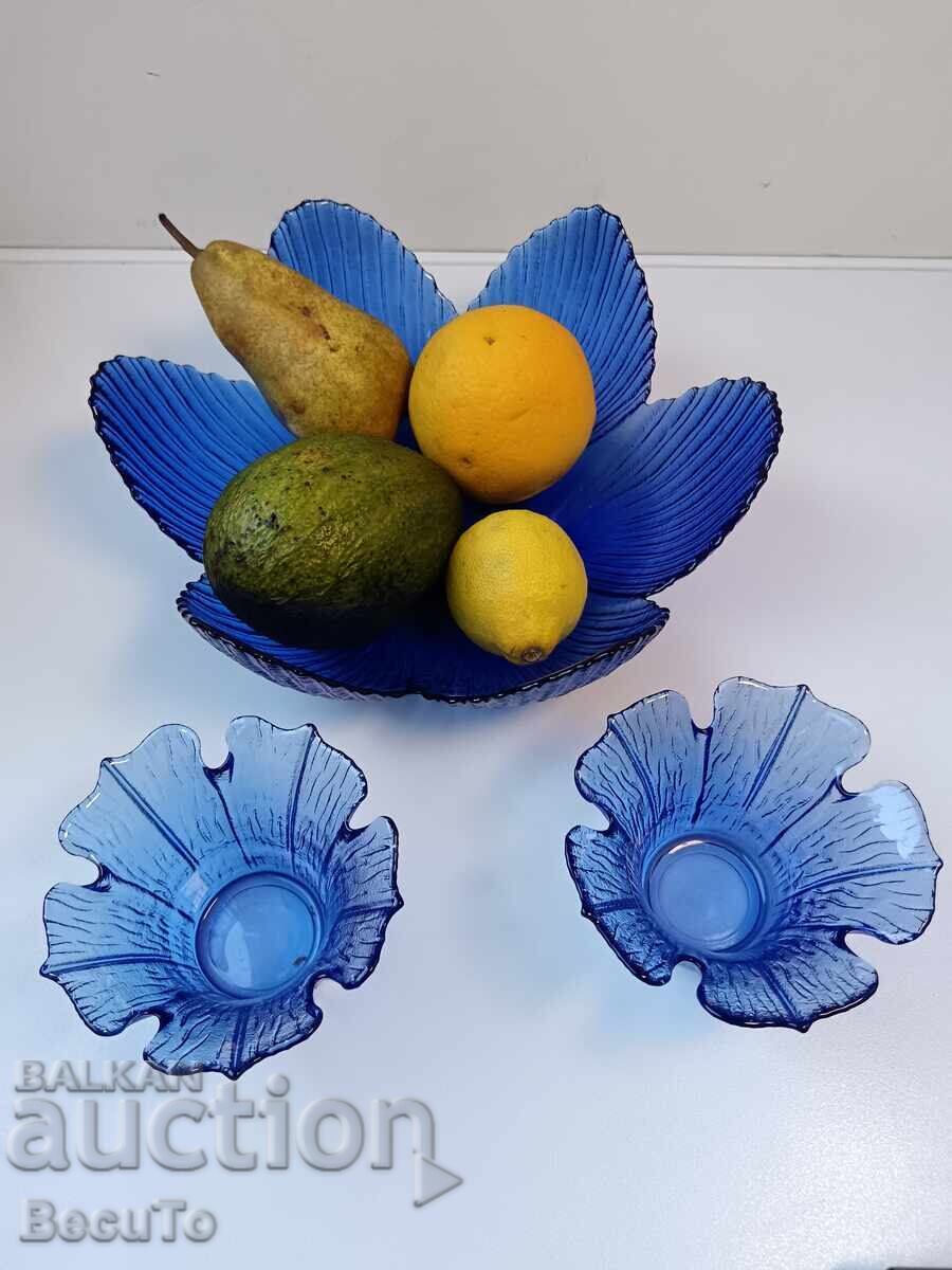 Set of blue glass fruit bowl and 2 candlesticks