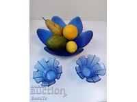 Set farfurie fructe și 2 sfeșnice din sticlă albastră