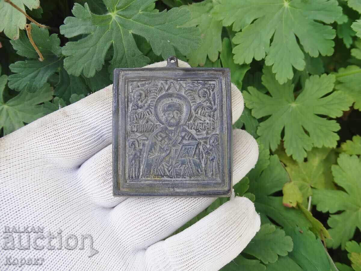 Licitație Veche buzunar bronz, icoană, Sf. Nicolae Făcătorul de minuni