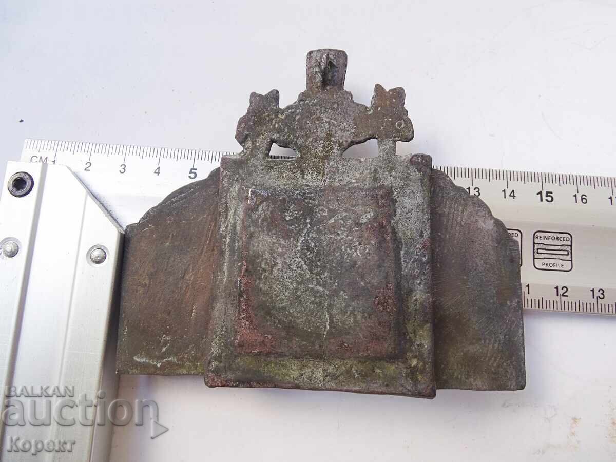 Auction  Old bronze triptych, pocket icon, Holy Mother of God