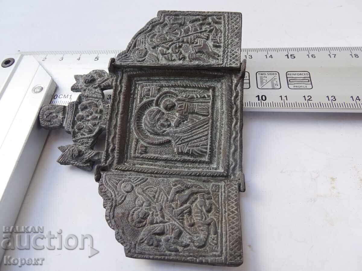 Delivery of Old bronze triptych, pocket icon, Holy Mother of God