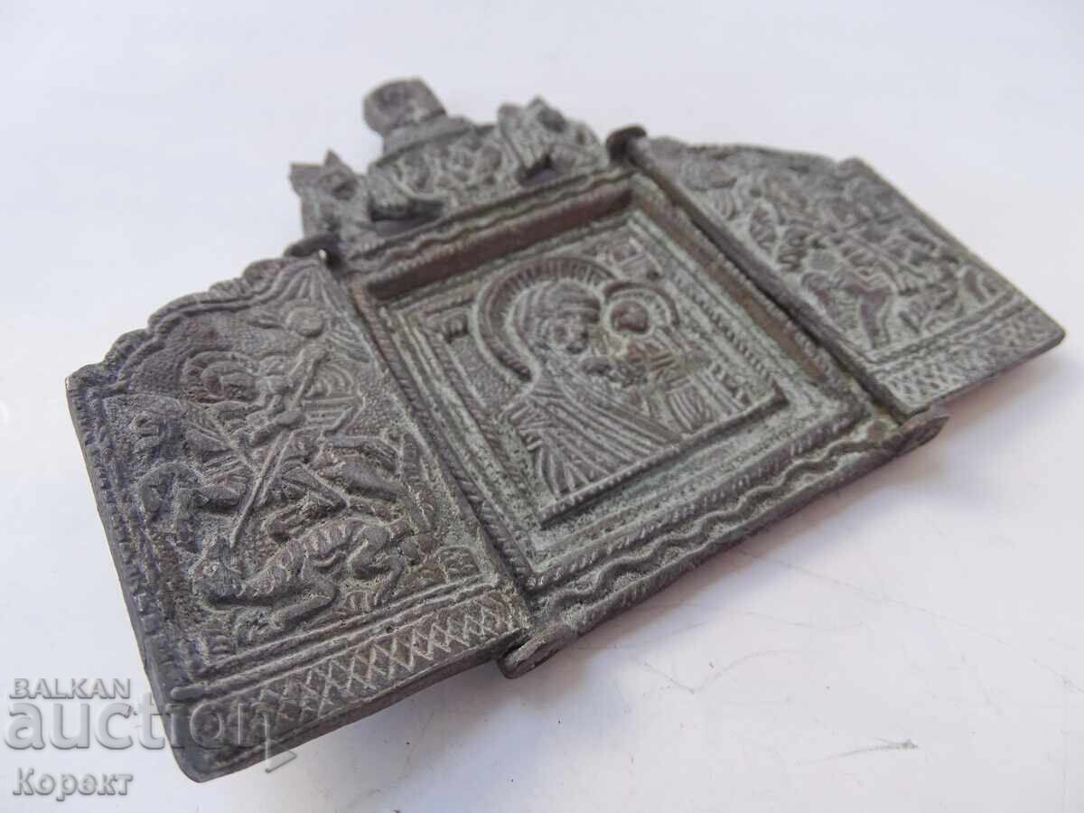 Old bronze triptych, pocket icon, Holy Mother of God - 5