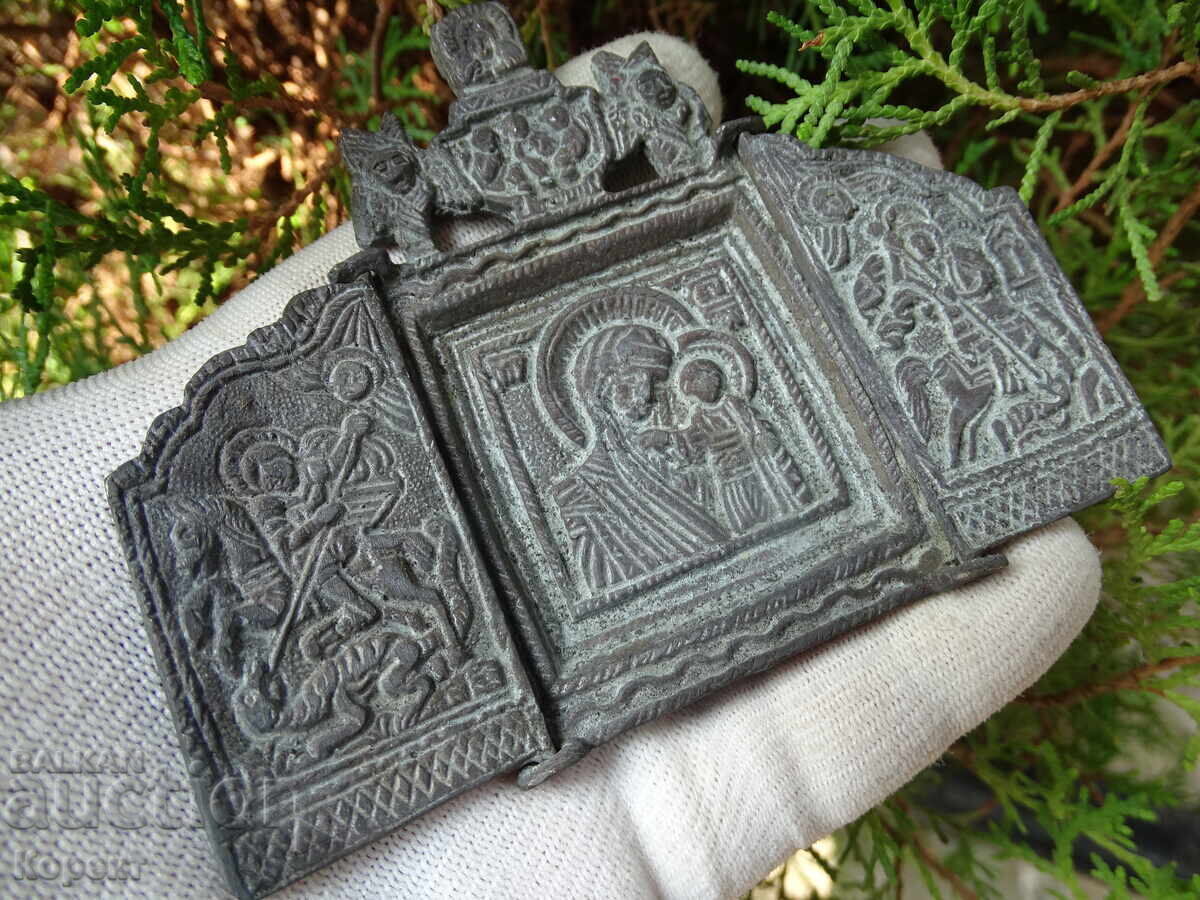 Old bronze triptych, pocket icon, Holy Mother of God - 6