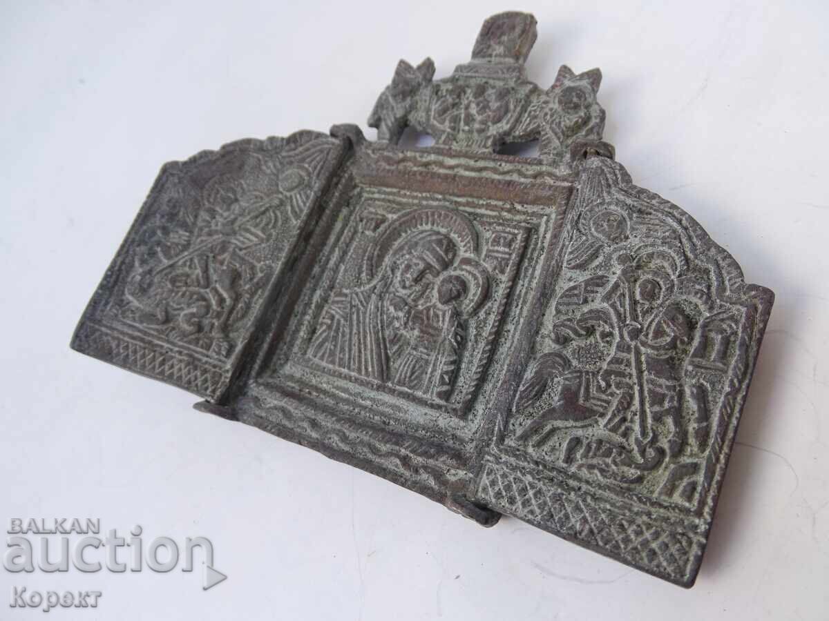 Old bronze triptych, pocket icon, Holy Mother of God - 7