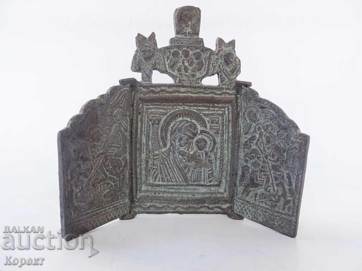 Old bronze triptych, pocket icon, Holy Mother of God