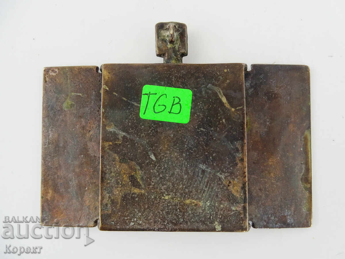 Licitație Vechi triptic ortodox din bronz, icoană Sf. Gheorghe