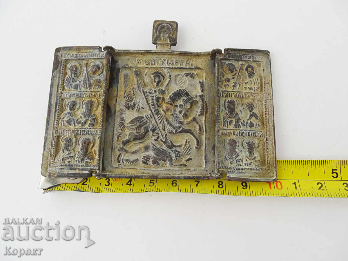 Vechi triptic ortodox din bronz, icoană Sf. Gheorghe - 7