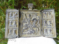 Vechi triptic ortodox din bronz, icoană Sf. Gheorghe