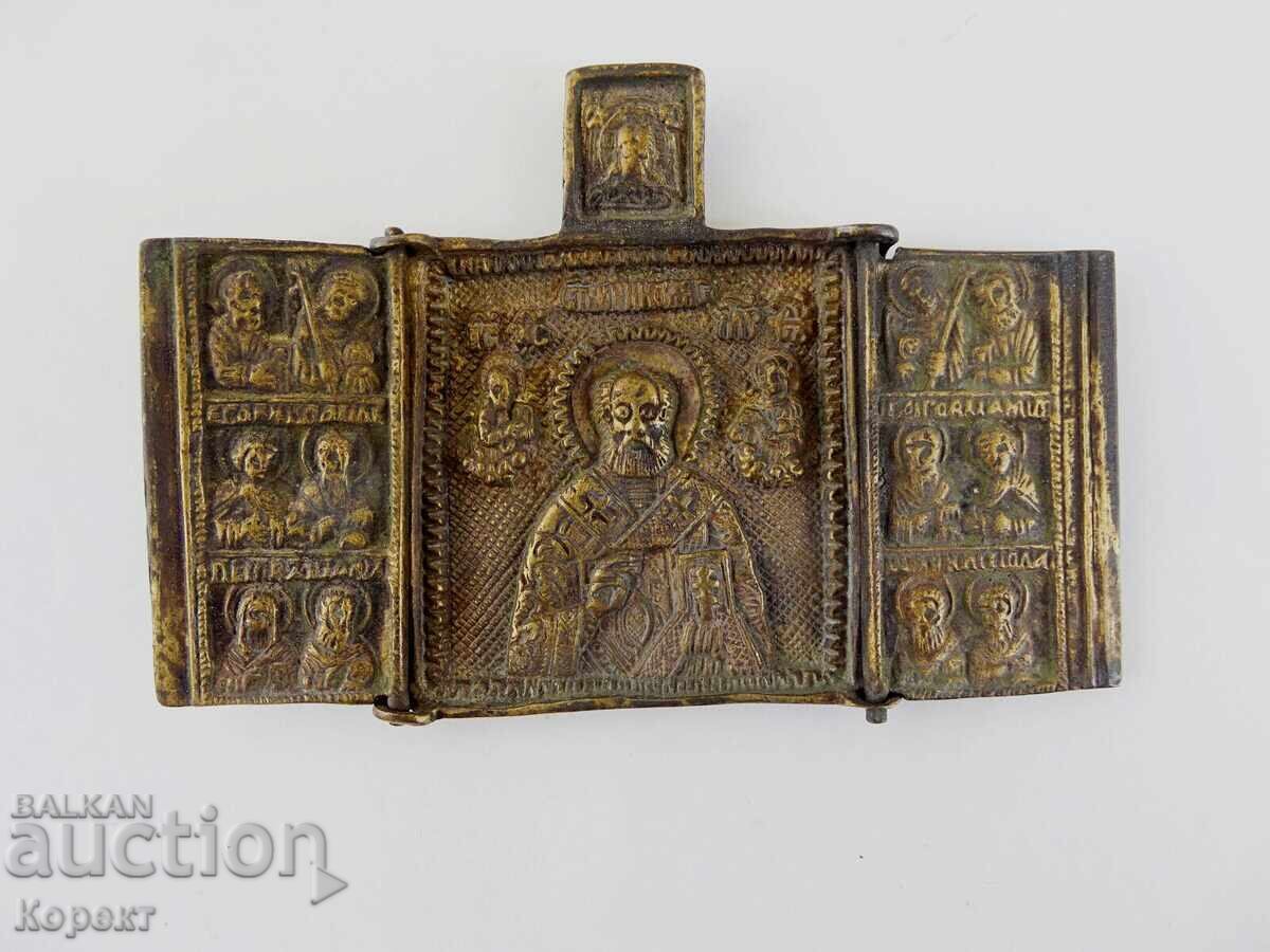 Παλαιός ορθόδοξος χάλκινος τρίπτυχος, εικόνα αγίου Νικολάου με τιμή € 110.00 | 215.14 BGN