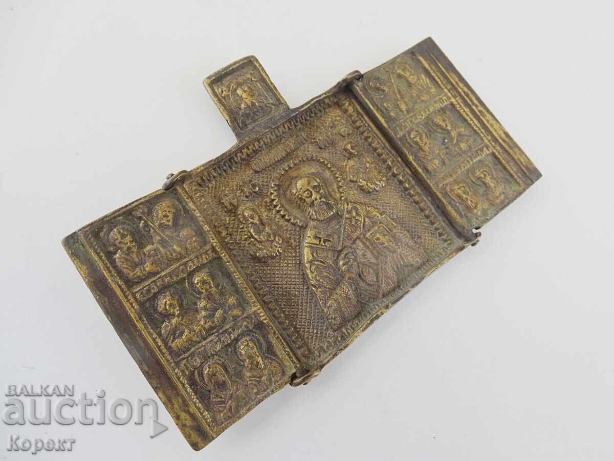 Auction  Old Orthodox Bronze Triptych, Icon of St. Nicholas