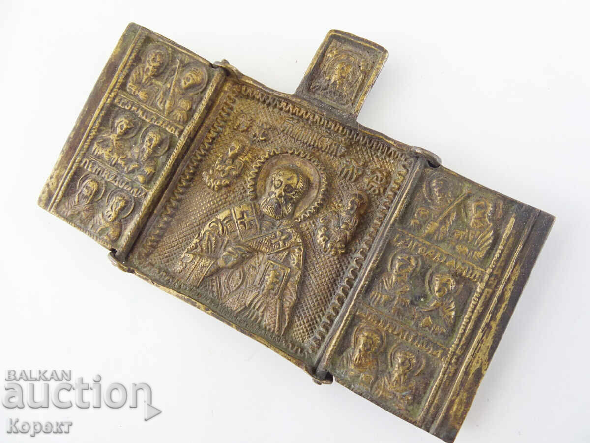 Delivery of Old Orthodox Bronze Triptych, Icon of St. Nicholas