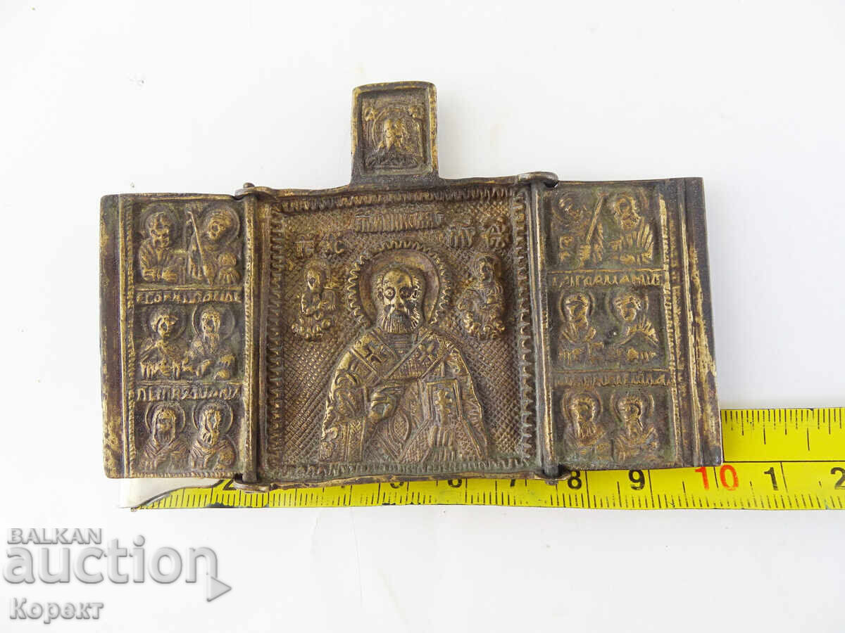 Old Orthodox Bronze Triptych, Icon of St. Nicholas - 5