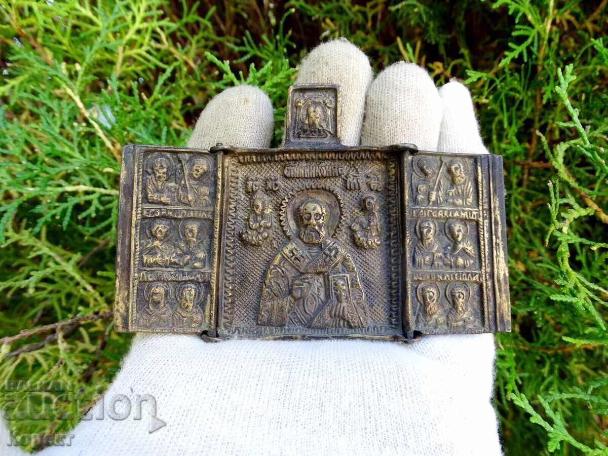 Old Orthodox Bronze Triptych, Icon of St. Nicholas