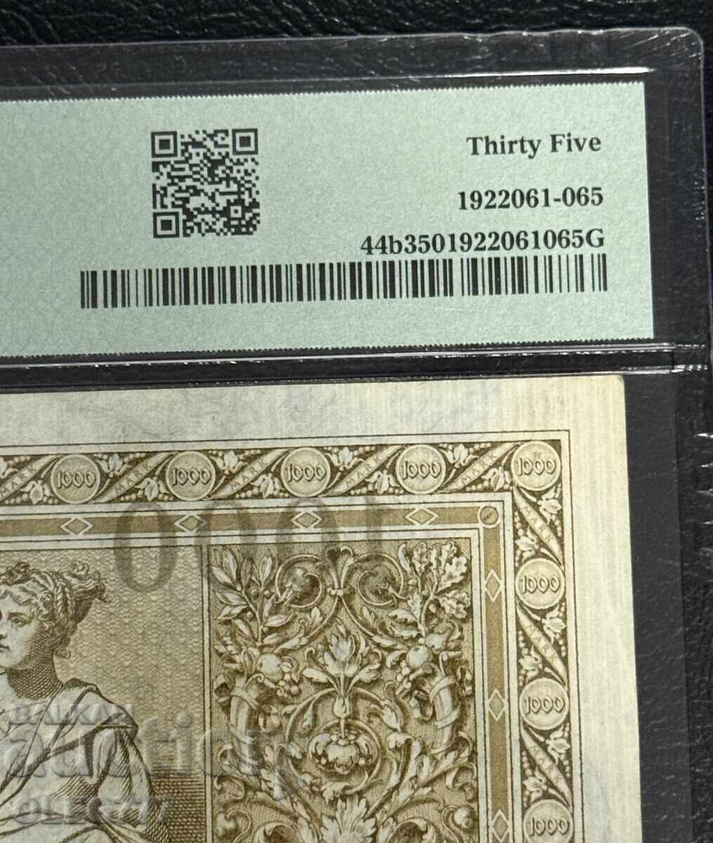 Auction  1000 Mark Germany Imperial Bank 1910 PMG 35 (Red seal & Number)