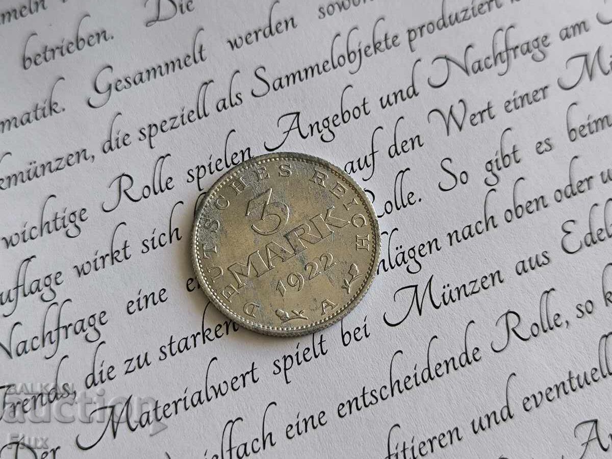 Ράιχ νόμισμα - 3 μάρκα | 1922; σειρά Α