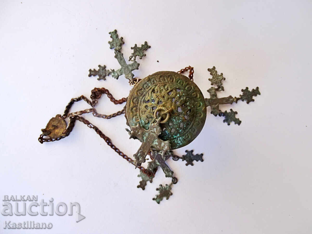 Old household bronze oil lamp with 16 small crosses with price 390.00 BGN | € 199.40