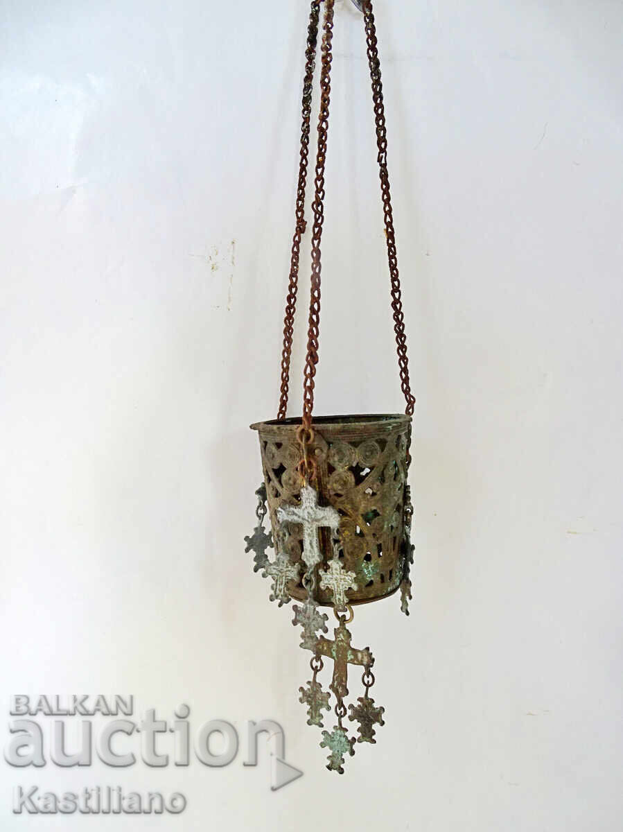 Old household bronze oil lamp with 16 small crosses - 5