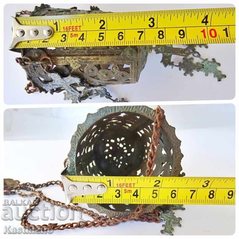 Old household bronze oil lamp with 16 small crosses - 6
