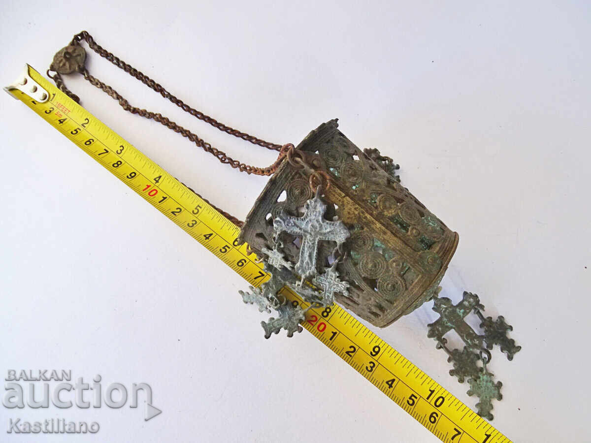 Old household bronze oil lamp with 16 small crosses - 7