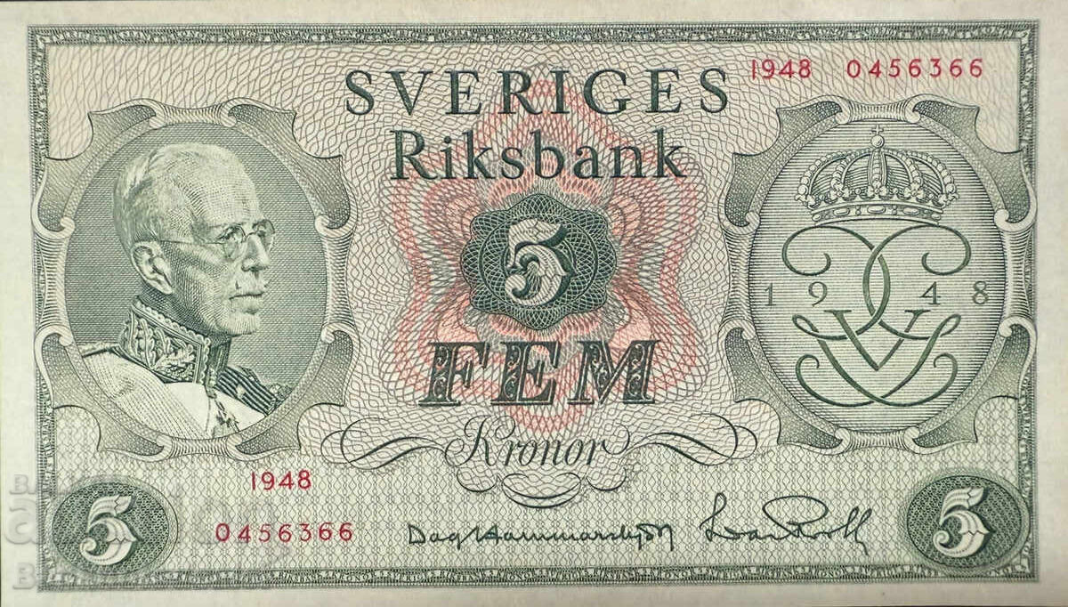 Sweden 5 Kronor 1948 Pick 41a Ref 6366 Uncirculated