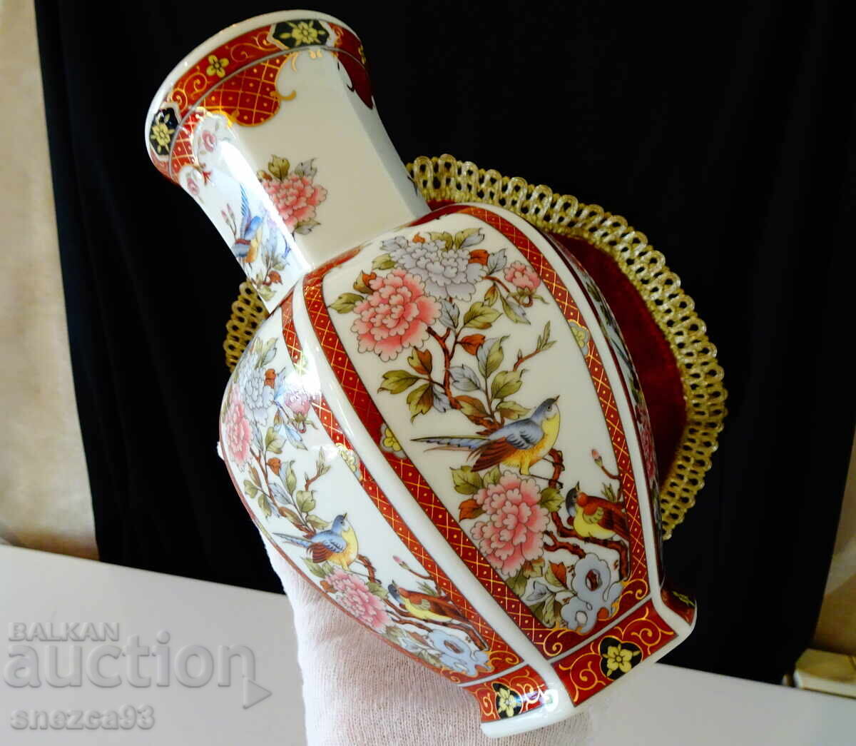 Japanese porcelain vase Eiwa Kinsei, gold, birds, flowers - 5