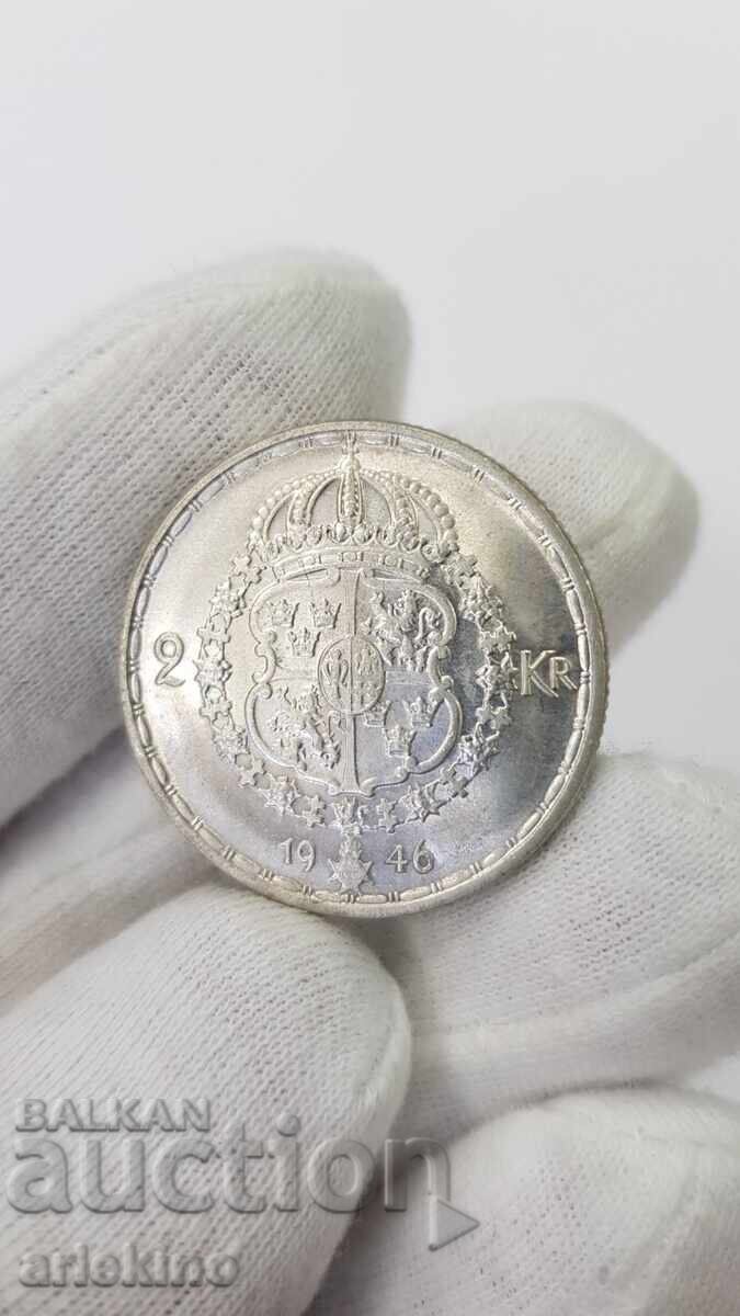 Top ποιότητα ασημένιου νομίσματος 2 κορώνες Σουηδία 1946 Top ποιότητα ασημένιου νομίσματος 2 κορώνες Σουηδία 1946