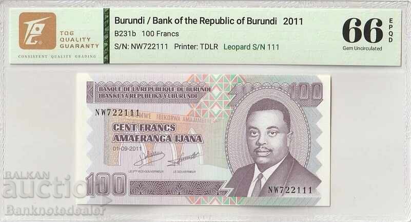 Burundi 100 Francs 2011 Pick B231b Leopard S/N 111 66 EPQ Gem