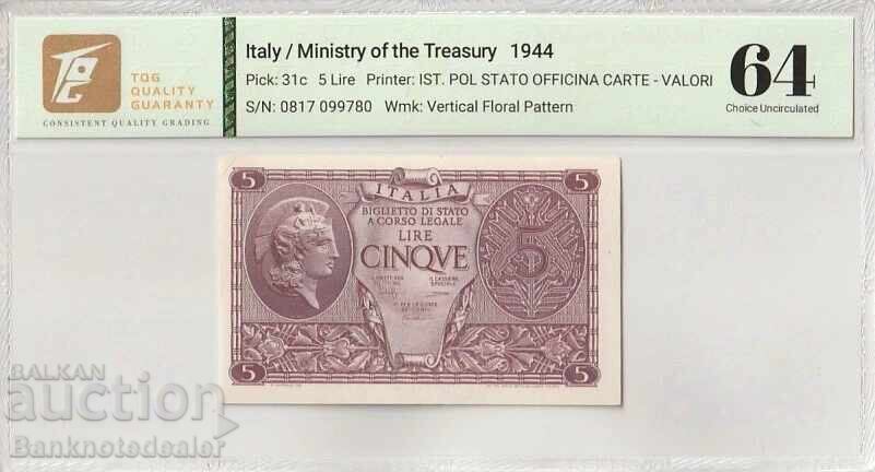 Italy 5 Lire 1944  Pick 31c  UNC 64 Choice 1
