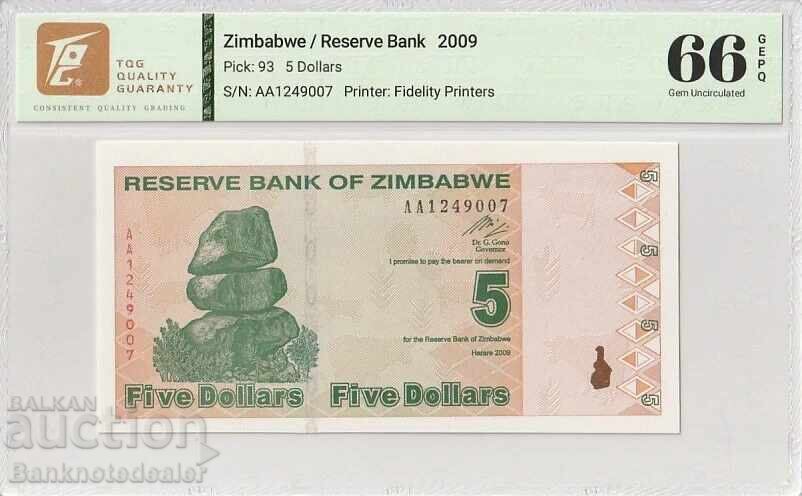 Zimbabwe 5 Dollars 2009 Pick 93 Gem Uncirculated 66 EPQ