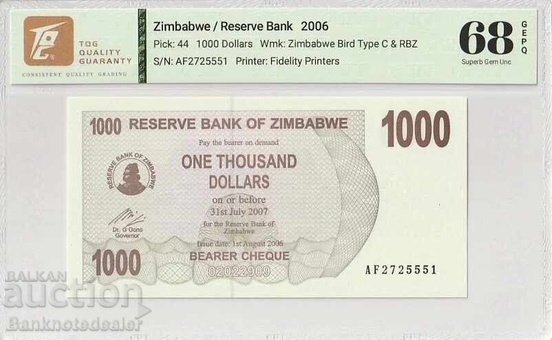 Zimbabwe 1000 Dollars 2006 Pick 44 68 EPQ Superb Gem Unc