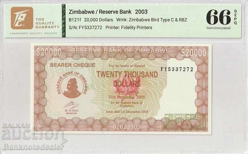 Zimbabwe 20000 Dollars 2003 Pick B121f 66 EPQ Gem UNC